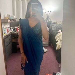 Blue Pre-Draped Boatneck blouse saree